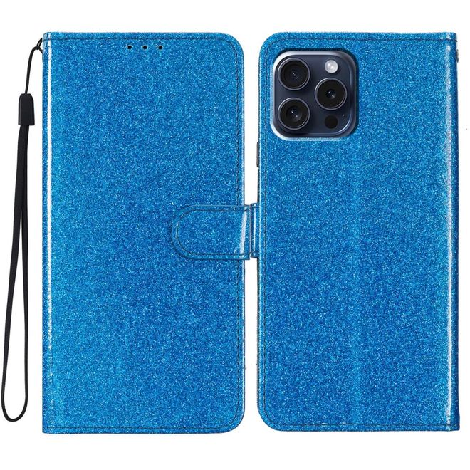 iPhone 16 Pro Max Phone Case - Glitter Leather Book Cover - PU Leather Bling Series - Blue