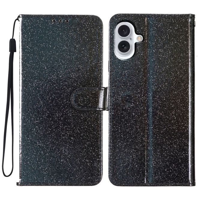 iPhone 16 Plus Phone Case - Glitter Leather Book Cover - PU Leather Bling Series - Black