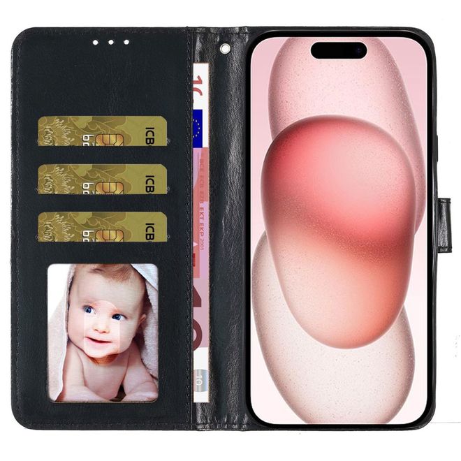 iPhone 16 Plus Phone Case - Glitter Leather Book Cover - PU Leather Bling Series - Black