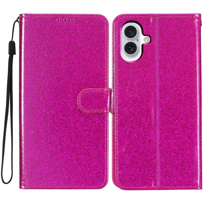 iPhone 16 Plus Phone Case - Glitter Leather Book Cover - PU Leather Bling Series - Pink