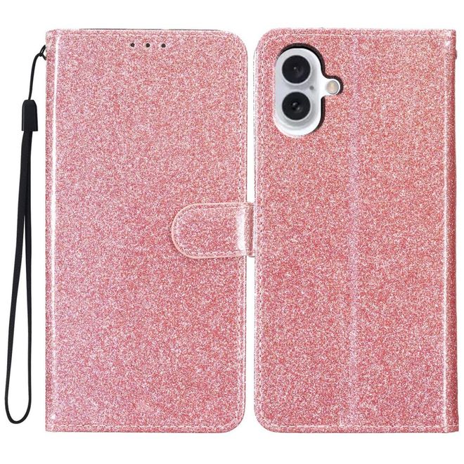 Étui pour iPhone 16 Plus - Couverture portefeuille en cuir pailleté - Série Bling en cuir PU - Or rose
