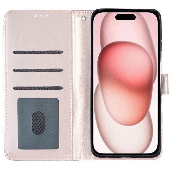 Étui pour iPhone 16 Plus - Couverture portefeuille en cuir pailleté - Série Bling en cuir PU - Or rose