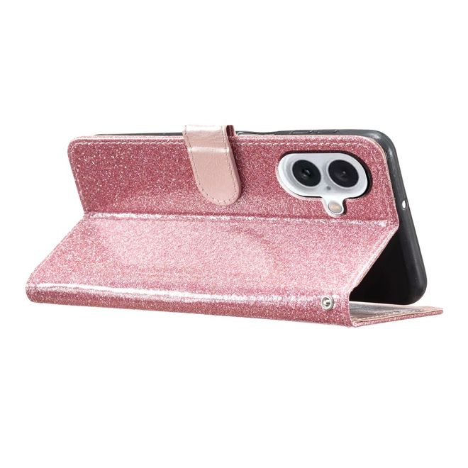 Étui pour iPhone 16 Plus - Couverture portefeuille en cuir pailleté - Série Bling en cuir PU - Or rose