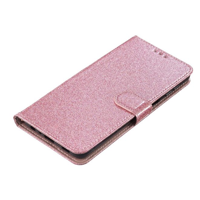 Étui pour iPhone 16 Plus - Couverture portefeuille en cuir pailleté - Série Bling en cuir PU - Or rose