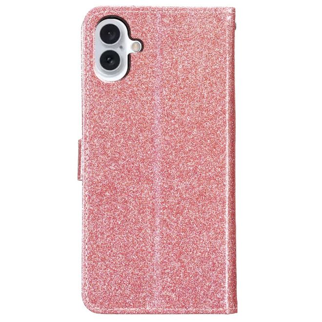 Étui pour iPhone 16 Plus - Couverture portefeuille en cuir pailleté - Série Bling en cuir PU - Or rose