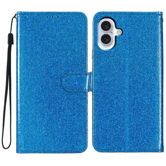 iPhone 16 Plus Phone Case - Glitter Leather Book Cover - PU Leather Bling Series - Blue