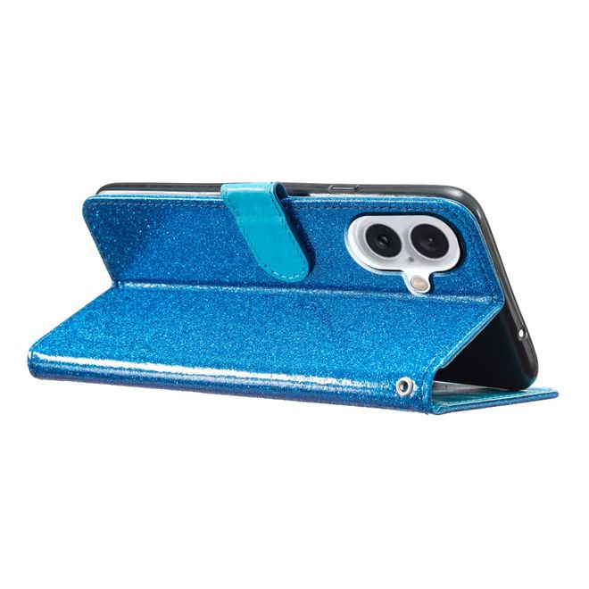 iPhone 16 Plus Phone Case - Glitter Leather Book Cover - PU Leather Bling Series - Blue