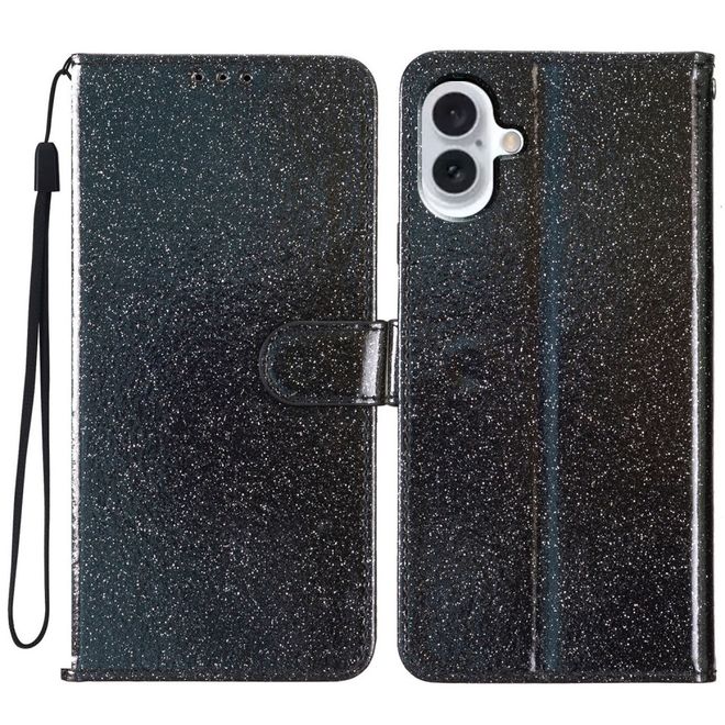 iPhone 16 Phone Case - Glitter Leather Book Cover - PU Leather Bling Series - Black