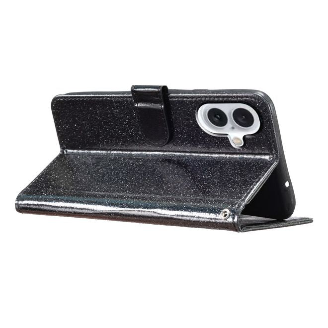 iPhone 16 Phone Case - Glitter Leather Book Cover - PU Leather Bling Series - Black