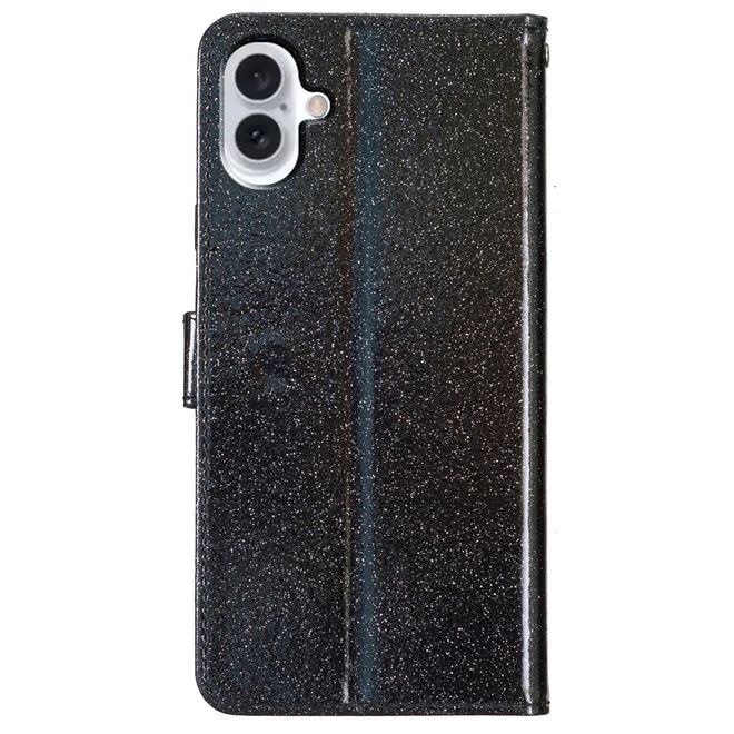 iPhone 16 Phone Case - Glitter Leather Book Cover - PU Leather Bling Series - Black