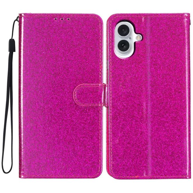 iPhone 16 Phone Case - Glitter Leather Book Cover - PU Leather Bling Series - Pink