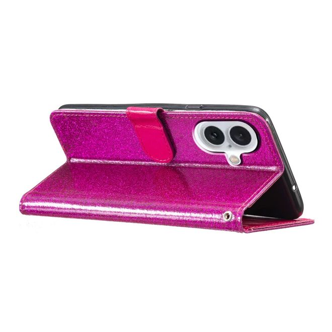 iPhone 16 Phone Case - Glitter Leather Book Cover - PU Leather Bling Series - Pink