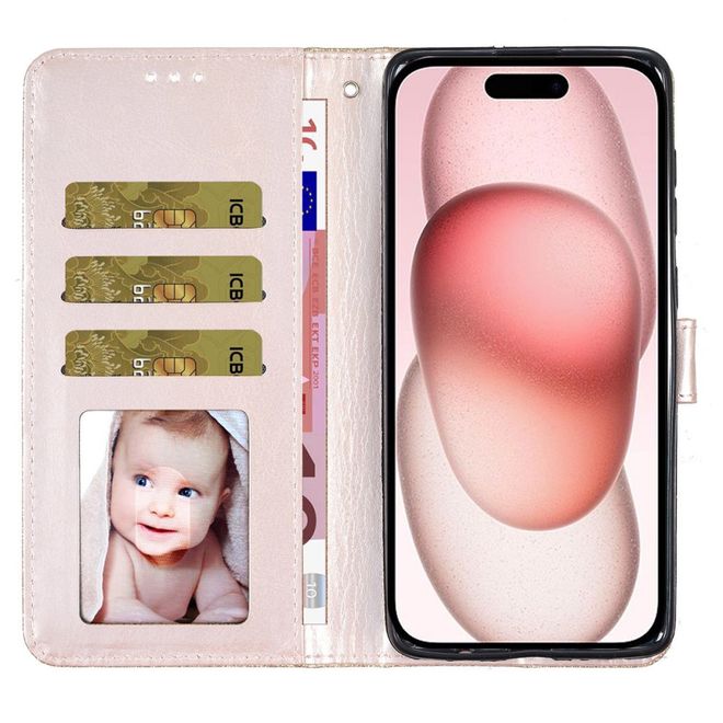 Étui pour iPhone 16 - Couverture en cuir pailleté - Série Bling en cuir PU - Or