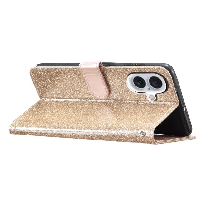 Étui pour iPhone 16 - Couverture en cuir pailleté - Série Bling en cuir PU - Or