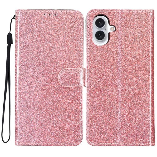 iPhone 16 Phone Case - Glitter Leather Book Cover - PU Leather Bling Series - Rose Gold