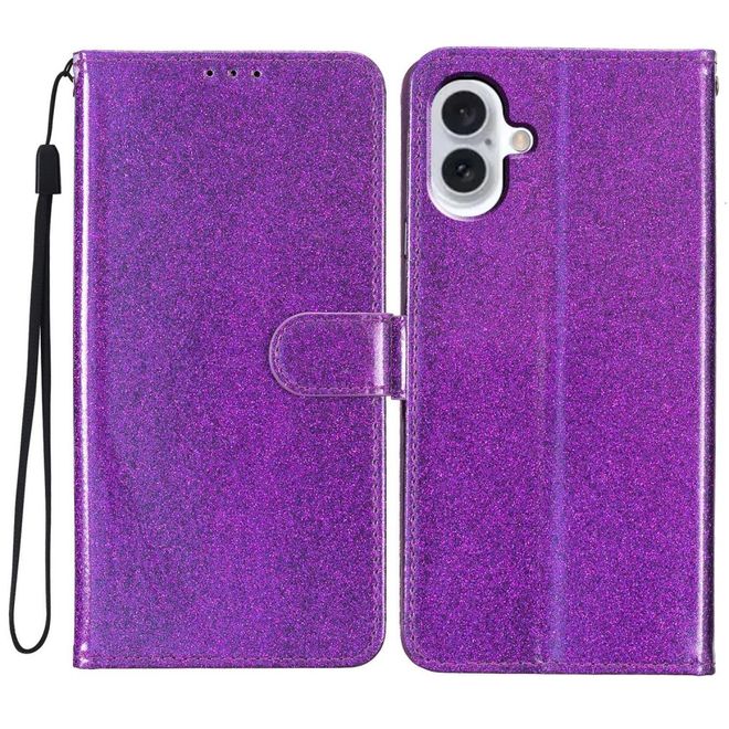 iPhone 16 Phone Case - Glitter Leather Book Cover - PU Leather Bling Series - Purple