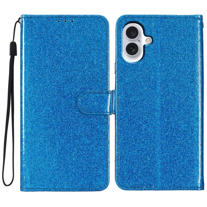 iPhone 16 Phone Case - Glitter Leather Book Cover - PU Leather Bling Series - Blue