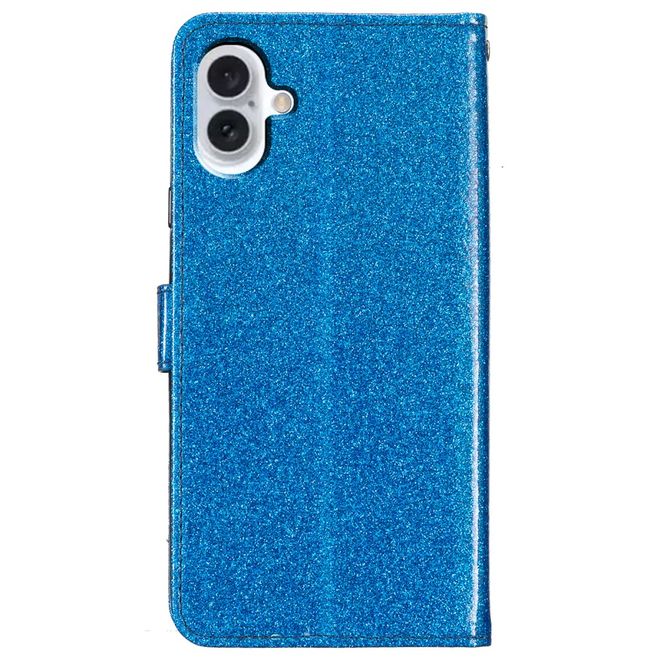 iPhone 16 Phone Case - Glitter Leather Book Cover - PU Leather Bling Series - Blue