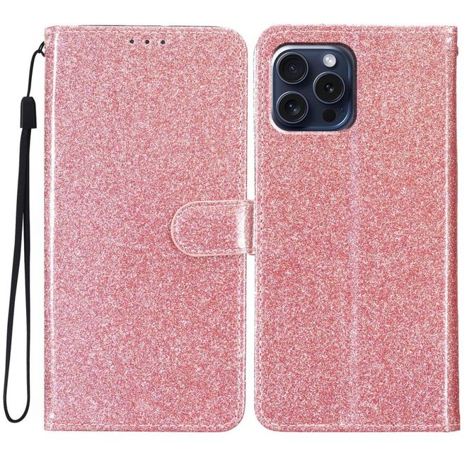 iPhone 16 Pro Phone Case - Glitter Leather Book Cover - PU Leather Bling Series - Rose Gold