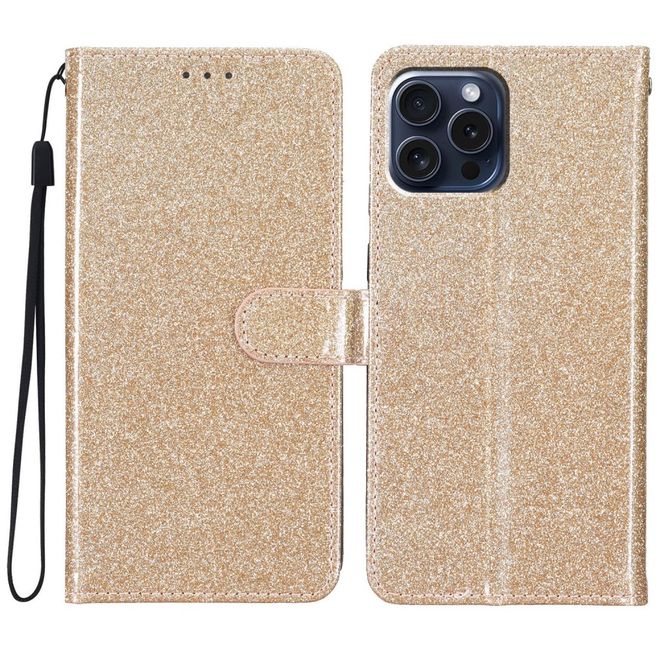 iPhone 16 Pro Handy Hülle - Glitzer Leder Bookcover - PU Leather Bling Series - gold