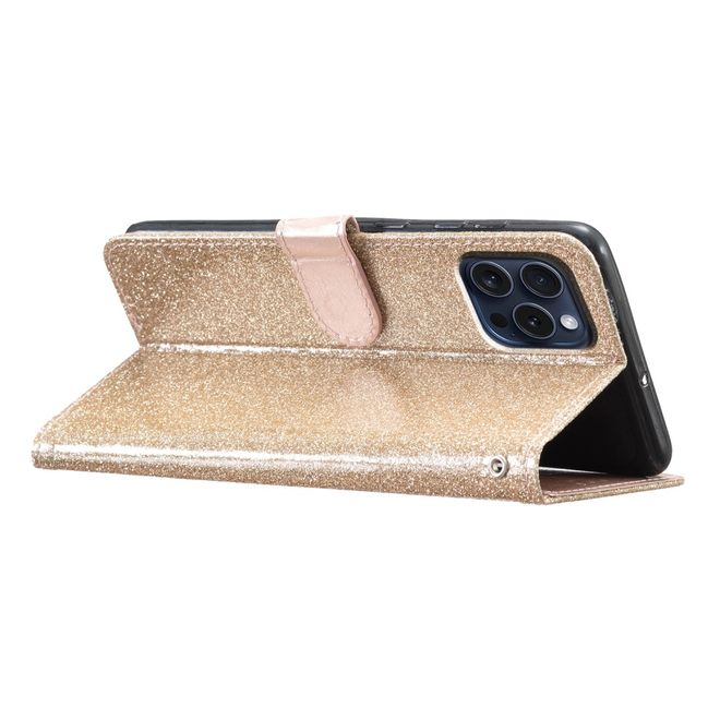 iPhone 16 Pro Handy Hülle - Glitzer Leder Bookcover - PU Leather Bling Series - gold