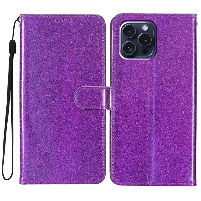 iPhone 16 Pro Phone Case - Glitter Leather Book Cover - PU Leather Bling Series - Purple