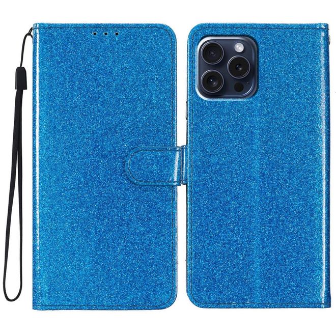 Étui pour iPhone 16 Pro - Couverture en cuir pailleté - Collection Bling en cuir PU - Bleu