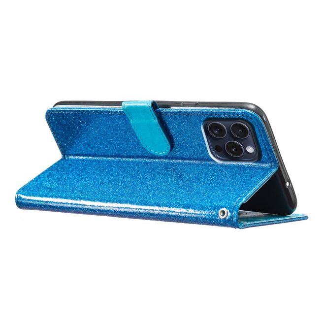 Étui pour iPhone 16 Pro - Couverture en cuir pailleté - Collection Bling en cuir PU - Bleu