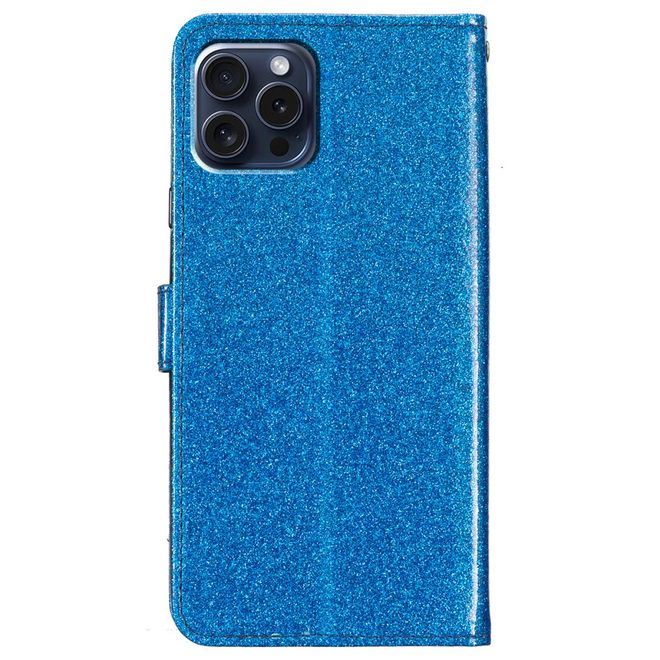 Étui pour iPhone 16 Pro - Couverture en cuir pailleté - Collection Bling en cuir PU - Bleu
