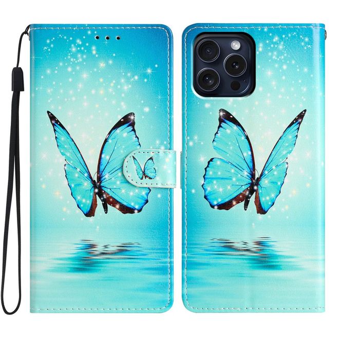 iPhone 16 Pro Phone Case - Leather Book Cover Image Series - Blue Butterfly