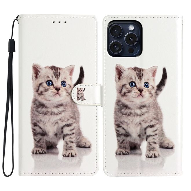 Étui pour iPhone 16 Pro - Série Couverture Livre en Cuir - Chat Mignon
