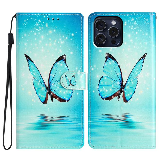 Étui pour iPhone 16 Pro Max - Collection Livre en Cuir - Papillon Bleu