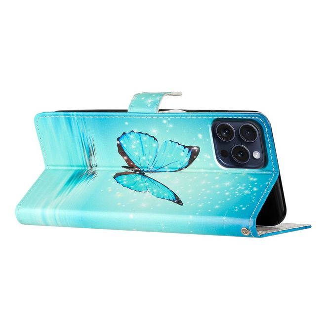 Étui pour iPhone 16 Pro Max - Collection Livre en Cuir - Papillon Bleu