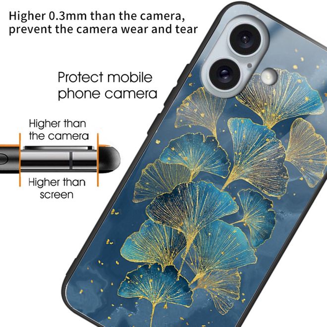 iPhone 16 Hülle - Gehärtetes Glas Hardcase mit Soft TPU Ränder - Blätter