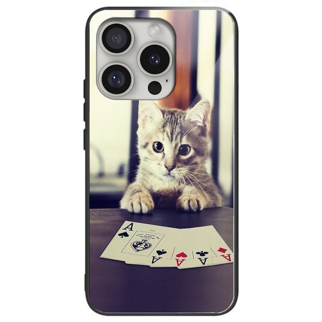 iPhone 16 Pro Hülle - Gehärtetes Glas Hardcase mit Soft TPU Ränder - Katze