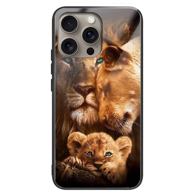 iPhone 16 Pro Max Hülle - Gehärtetes Glas Hardcase mit Soft TPU Ränder - Löwe
