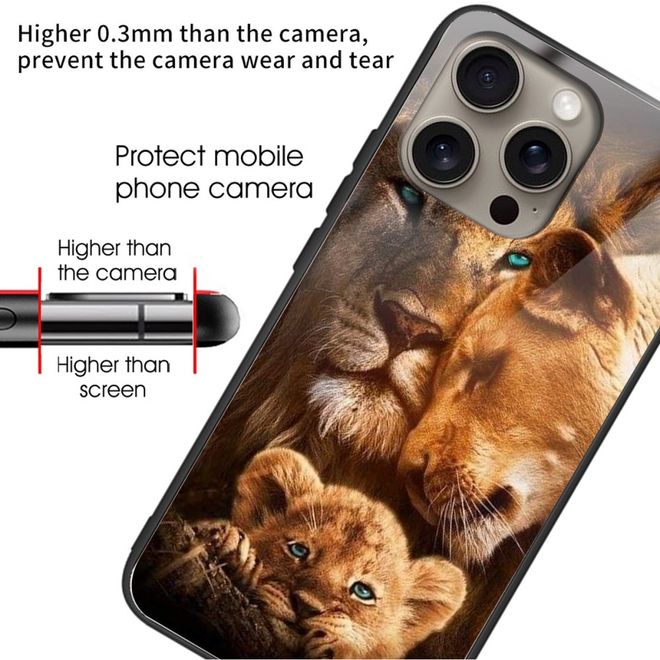 iPhone 16 Pro Max Hülle - Gehärtetes Glas Hardcase mit Soft TPU Ränder - Löwe