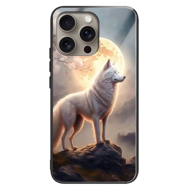iPhone 16 Pro Max Case - Tempered Glass Hardcase with Soft TPU Edges - Moonlight Wolf