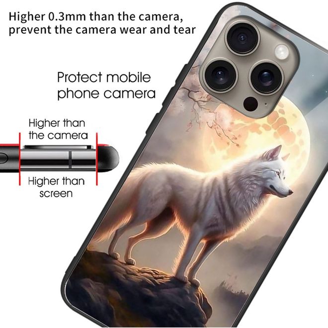 iPhone 16 Pro Max Case - Tempered Glass Hardcase with Soft TPU Edges - Moonlight Wolf