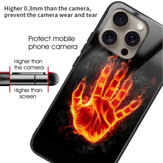 iPhone 16 Pro Max Case - Tempered Glass Hardcase with Soft TPU Edges - Burning Hand