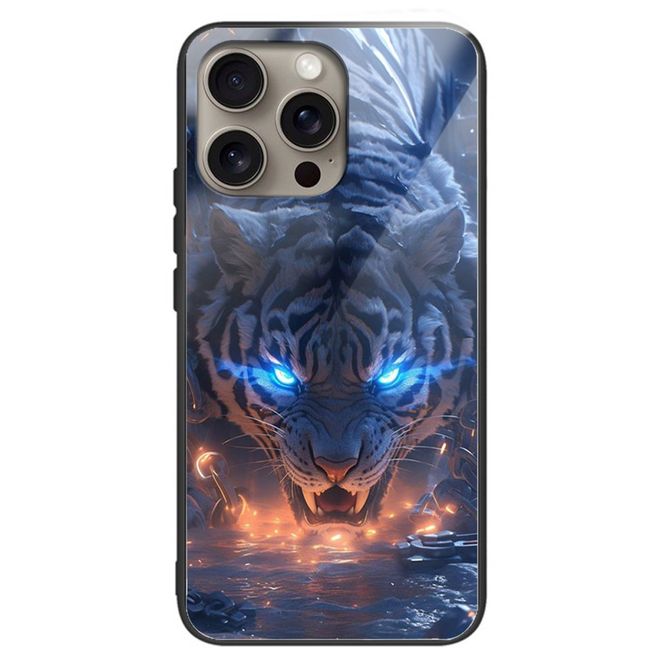 Coque pour iPhone 16 Pro Max - Coque rigide en verre trempé avec bords souples en TPU - Motif tigre
