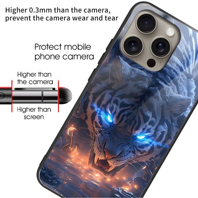Coque pour iPhone 16 Pro Max - Coque rigide en verre trempé avec bords souples en TPU - Motif tigre