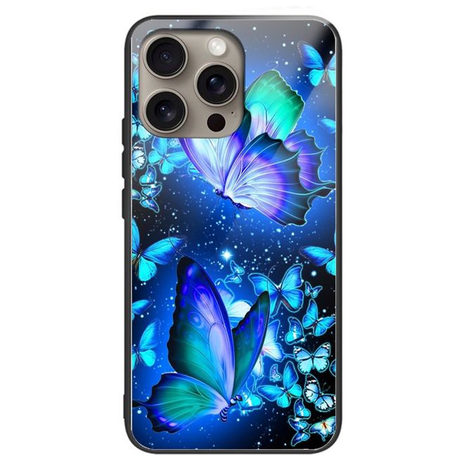 Coque pour iPhone 16 Pro Max - Coque rigide en verre trempé avec bords souples en TPU - Papillons bleus