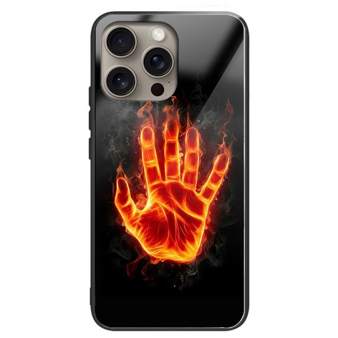 iPhone 16 Pro Hülle - Gehärtetes Glas Hardcase mit Soft TPU Ränder - brennende Hand