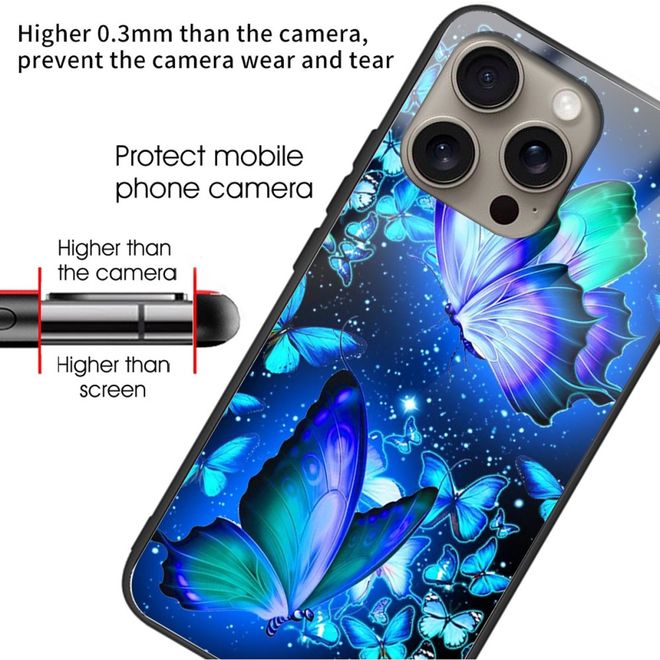 iPhone 16 Pro Hülle - Gehärtetes Glas Hardcase mit Soft TPU Ränder - blaue Schmetterlinge