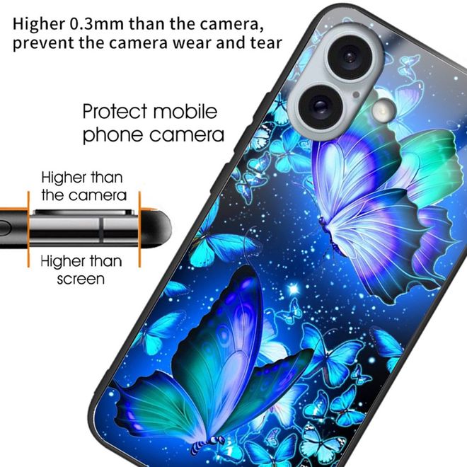iPhone 16 Plus Hülle - Gehärtetes Glas Hardcase mit Soft TPU Ränder - blaue Schmetterlinge