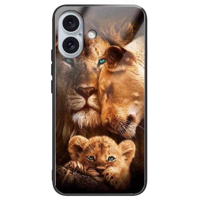 iPhone 16 Plus Case - Tempered Glass Hardcase with Soft TPU Edges - Lion