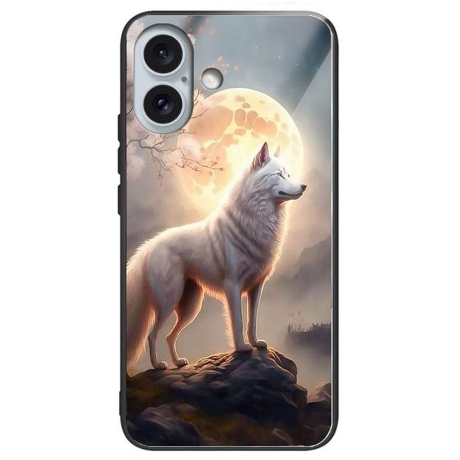 iPhone 16 Plus Case - Tempered Glass Hardcase with Soft TPU Edges - Moonlight Wolf