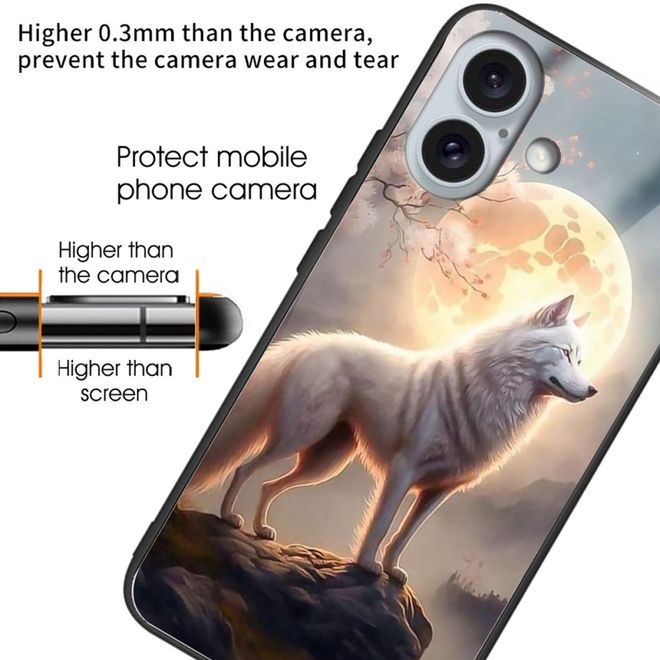 iPhone 16 Plus Case - Tempered Glass Hardcase with Soft TPU Edges - Moonlight Wolf