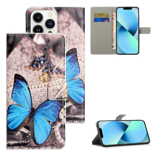 iPhone 16 Pro Handy Hülle - Leder Bookcover Image Series - blauer Schmetterling